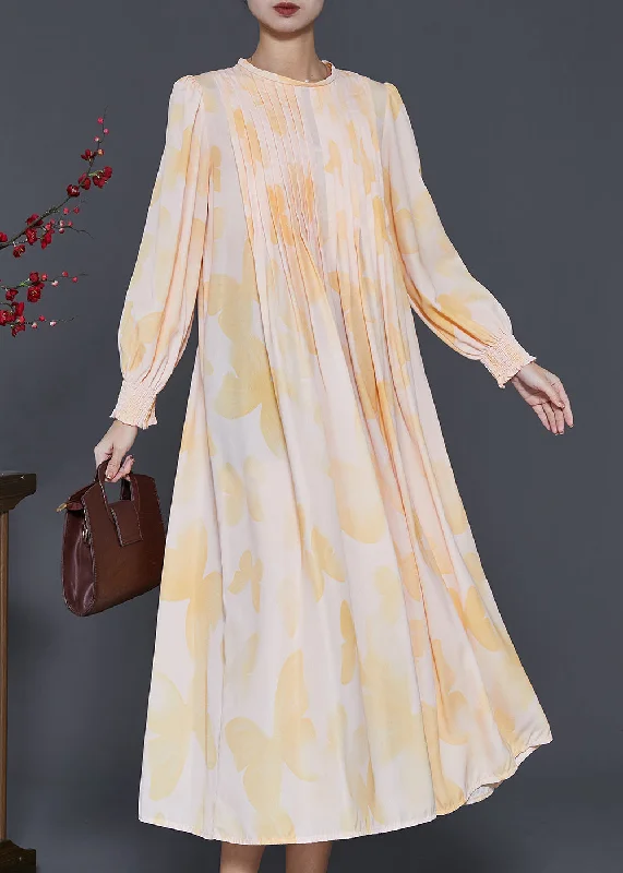 Online Shopping Boutiques French Apricot Floral Wrinkled Chiffon Dresses Spring