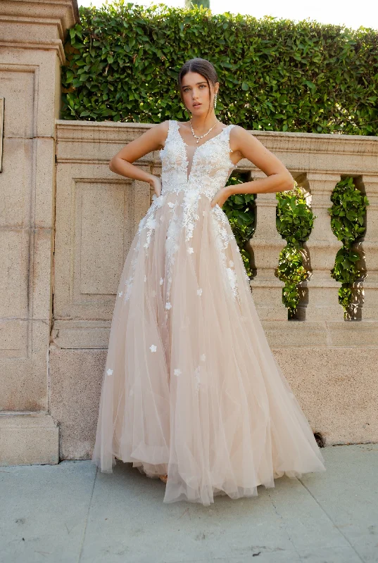 Women’s Trendy Outfits 3D Floral V-Neck Tulle Gown by Cinderella Couture 8040J