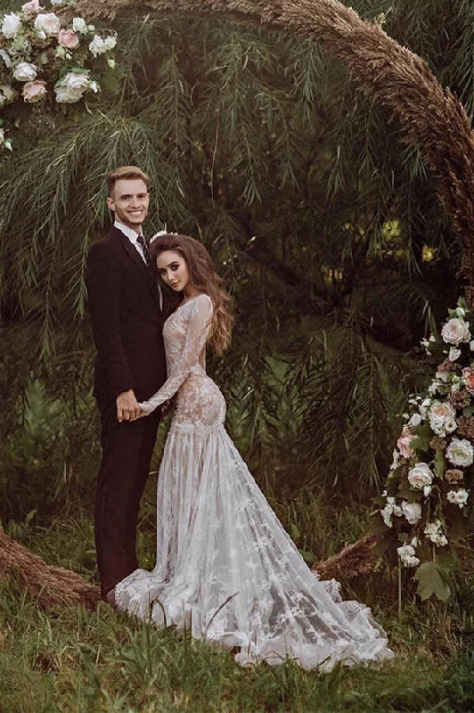 Casual Fashion for Women Roycebridal Tulle Mermaid Backless Long sleeves Lace Wedding Dresses With Train, MW1023 Casual Fashion for Women Roycebridal Tulle Mermaid Backless Long sleeves Lace Wedding Dresses With Train, MW1023