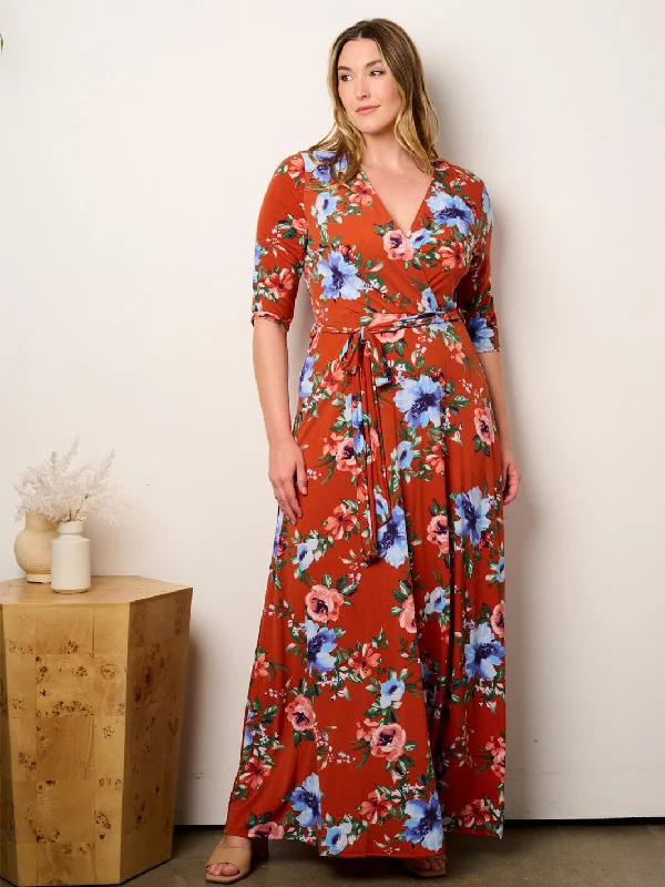 Hot Picks PLUS SIZE SHORT SLEEVE SELF TIE SURPLICE FLORAL MAXI DRESS