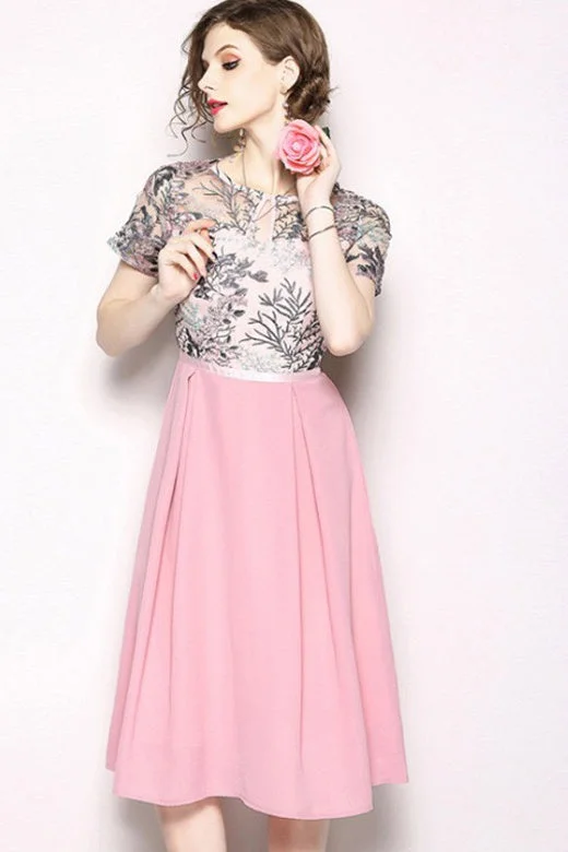 Chic And Edgy Pink Floral Embroidered Chiffon Dress