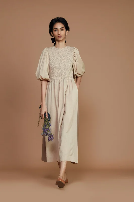Browse Our Top Products Reversible Smocked Balloon Sleeve Beige & Ivory Dress
