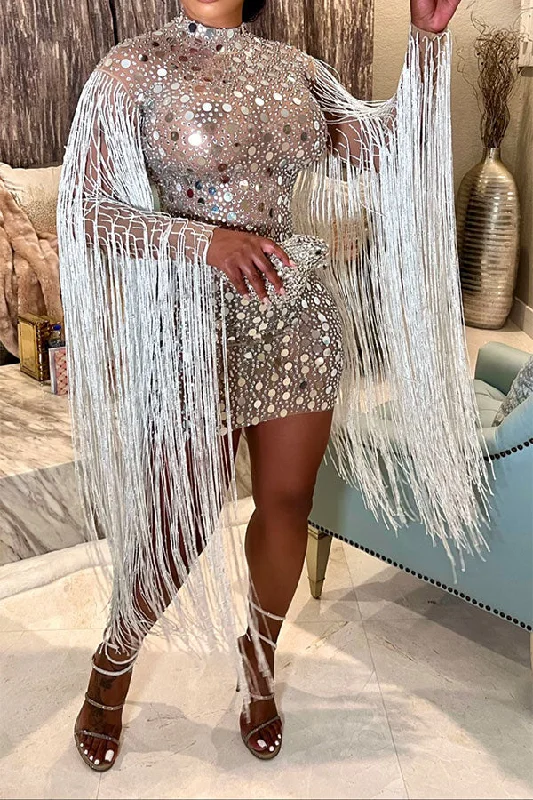Holiday Special Offers Sequined Dramatic Tassel Sleeve See-Through Mini Dress