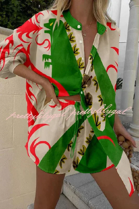 New Arrival Discount Fire Breathing Dinosaur Print Button Up Lace Up Shorts Set