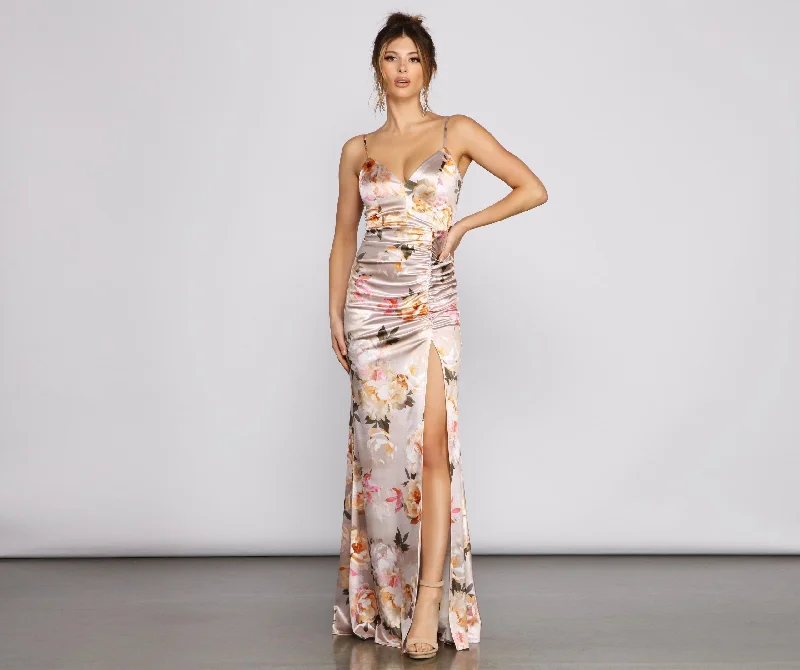 Edgy Fashion Taylor Satin Stylish Floral High-Slit Dress