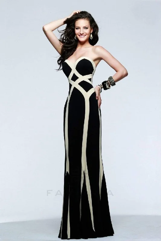 Flash Discount Faviana 7571 Strapless Linear Contrast Jersey Gown - 1 pc Black/Ivory in Size 10 Available