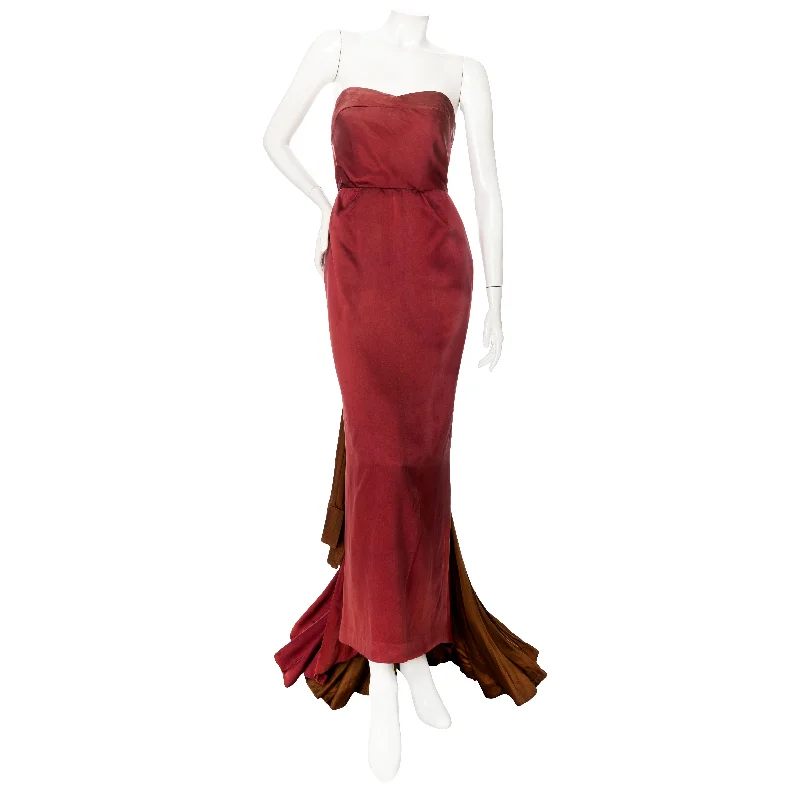 Vintage Style Clothing Sale 1950s Burgundy and Brown Satin Strapless Fan Pleated Gown Vintage Style Clothing Sale 1950s Burgundy and Brown Satin Strapless Fan Pleated Gown