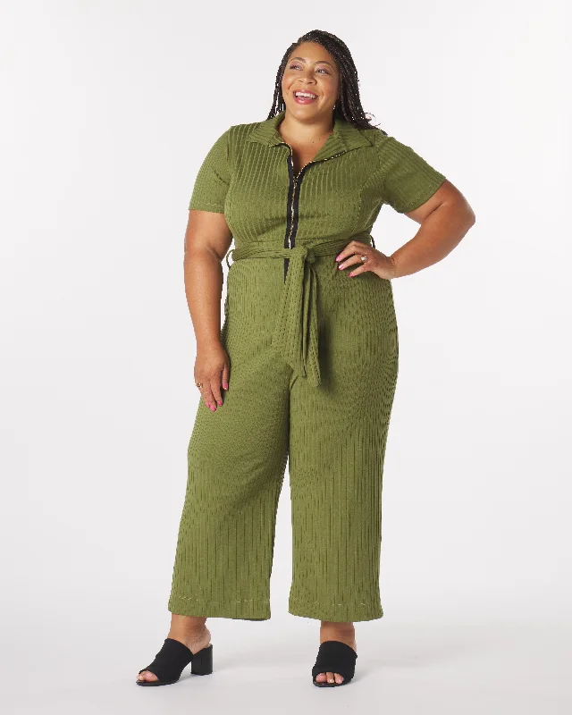 Season Appropriate Women's Collection “Lucia" Knit Belted Jumpsuit in Olive