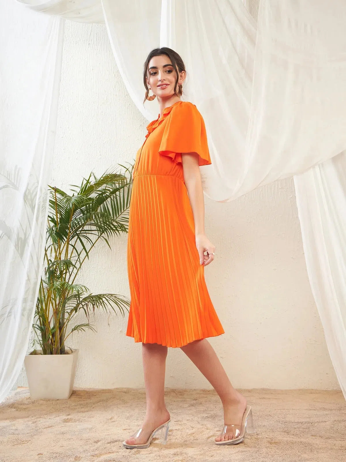 Best Sellers Women Orange Frill Neck Accordion Pleated Midi Dress