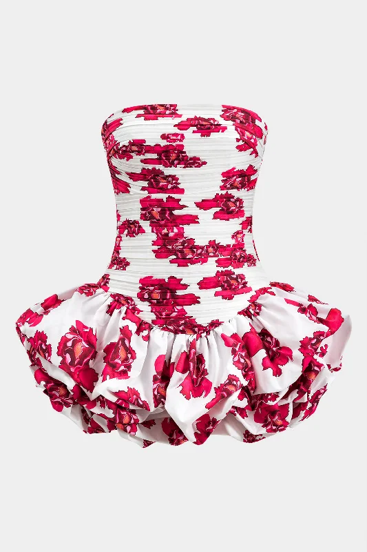 Women's Online Boutique Floral Pattern Ruched Zipper Strapless Mini Dress