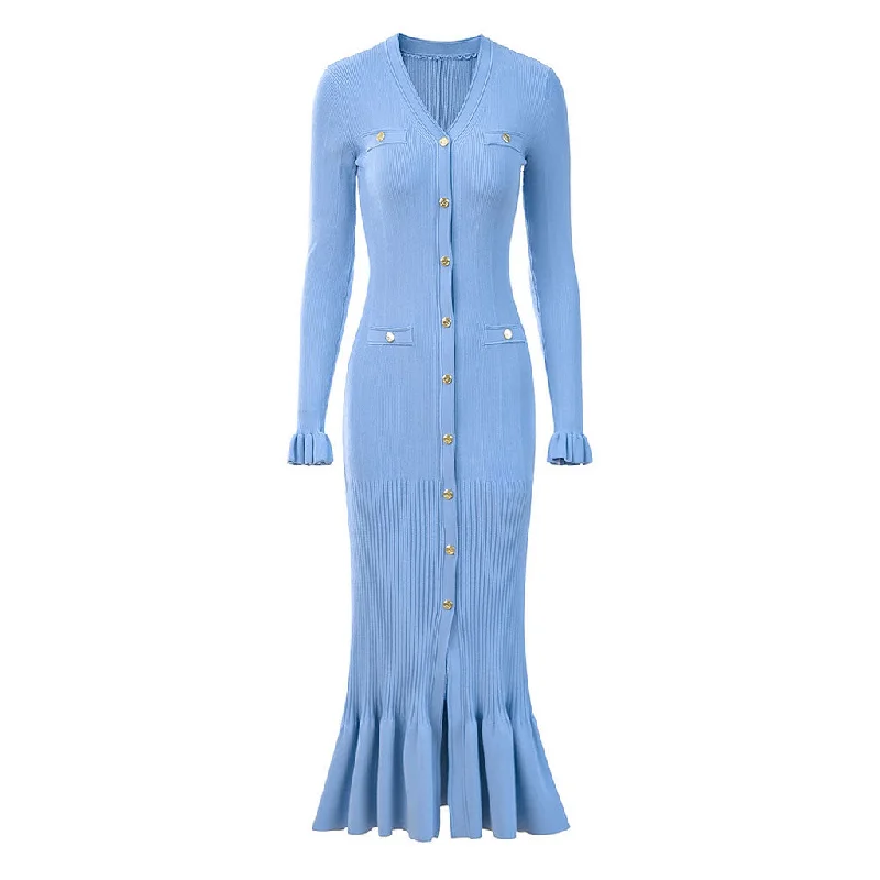 Women’s Evening Wear Opulent Button Up Long Sleeve Pointelle Knit Ribbed Fishtail Sweater Midi Dress Women’s Evening Wear Opulent Button Up Long Sleeve Pointelle Knit Ribbed Fishtail Sweater Midi Dress