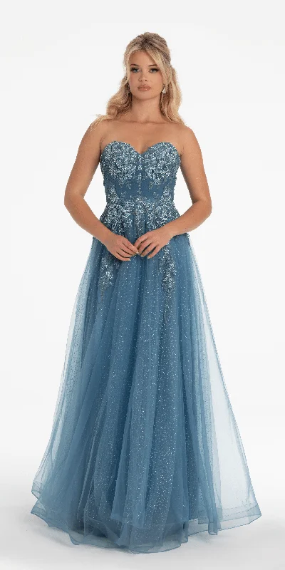Ride The Style Wave Strapless Glitter Embroidered Sweetheart Puff Sleeve Ballgown