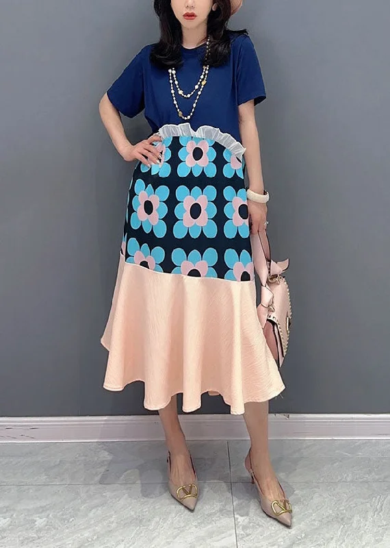Discount Price Blue Floral Patchwork Cotton Dresses O-Neck Ruffled Summer