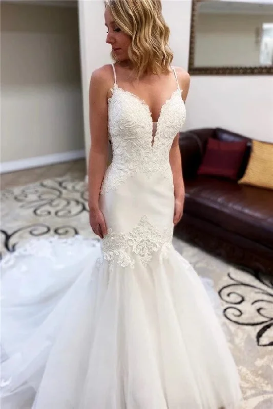 Best Online Women's Boutiques Roycebridal Tulle Mermaid Lace V-neck Spaghetti Straps Wedding Dresses With Train, MW902 Best Online Women's Boutiques Roycebridal Tulle Mermaid Lace V-neck Spaghetti Straps Wedding Dresses With Train, MW902