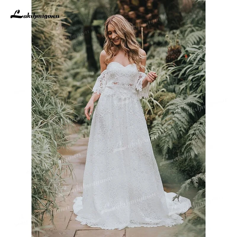 Big Discounts Roycebridal Two Piece  Boho Long Wedding Dresses Sweetheart Neck Appliques Floor-Length  Sweep Train Lace Short Sleeve vestidos de novia