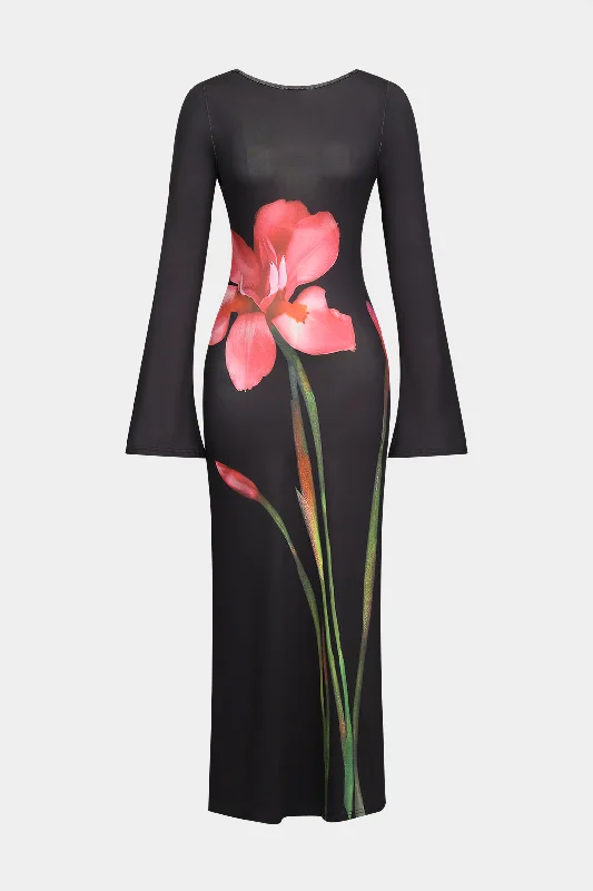 Best Online Clothing Boutiques Floral Print Backless Knotted Bell Sleeve Maxi Dress