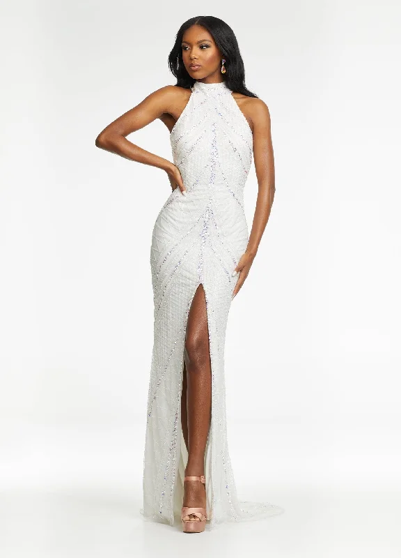 Women's Clothing Boutique Ashley Lauren - 11177 Beaded Halter Gown with Slit