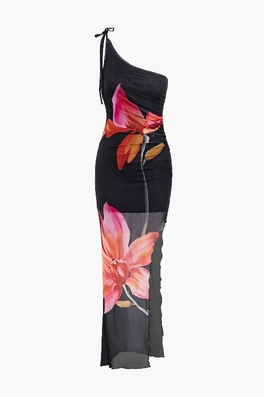 Clearance Sale Floral Print Mesh Sheer Tie Up Slip Slit Maxi Dress