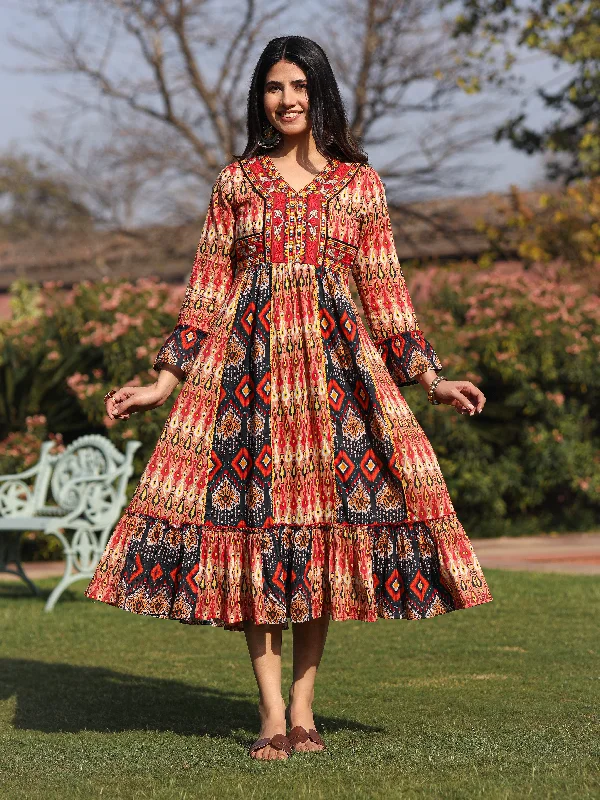 Edgy Fashion Rust Ikat Printed Cotton Maxi Dress with Embroidered Neckline