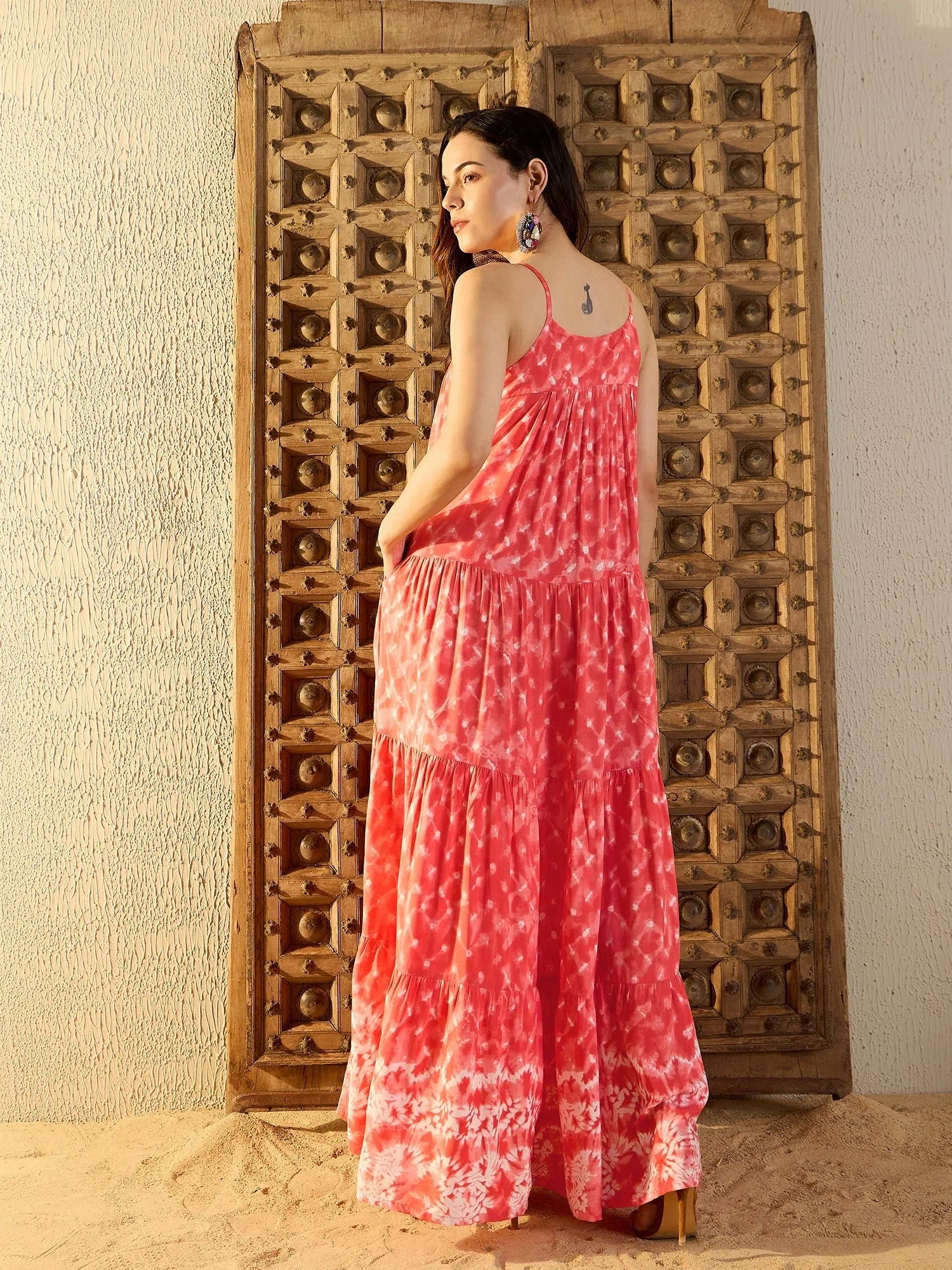 New Arrival Discount Strappy Layered Maxi Dress in Peach Tie & Dye-TP0459TD1