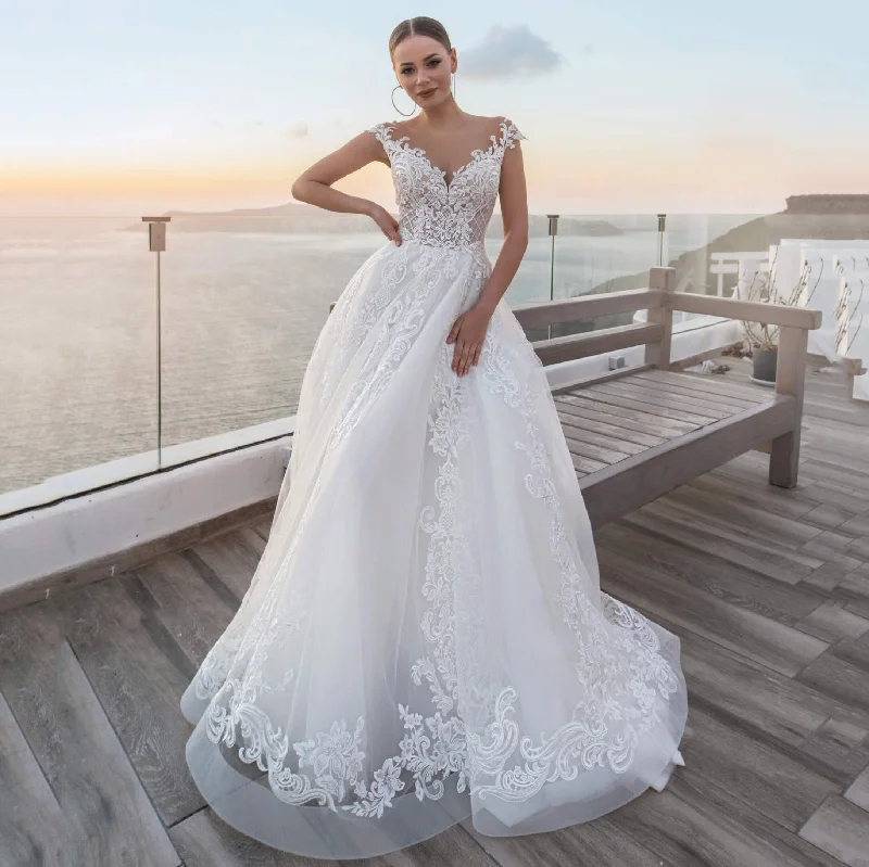 High End Designer Brands Discount Roycebridal Tulle Wedding Dress New A-Line Full Lace Appliques Bridal Gowns O-Neck Sleeveless vestido de noiva Backless Floor Length Button