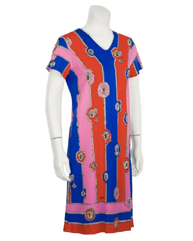 Holiday Attire Sale Blue, Pink and Red Lock and Key Pattern Mini Dress