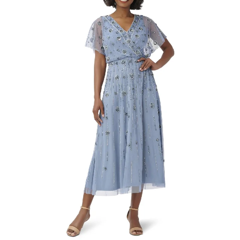 Exclusive Online Sale Adrianna Papell Women's Mesh Embellished Short Sleeve V-Neck Midi Dress