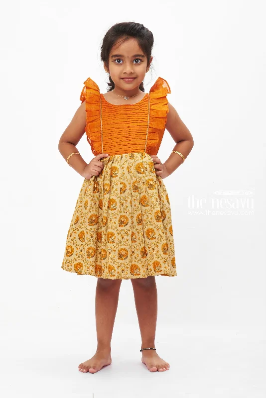 Women's Clothes Online Shopping Autumn Orange Pleated Frock with Beige Paisley Print for Girls