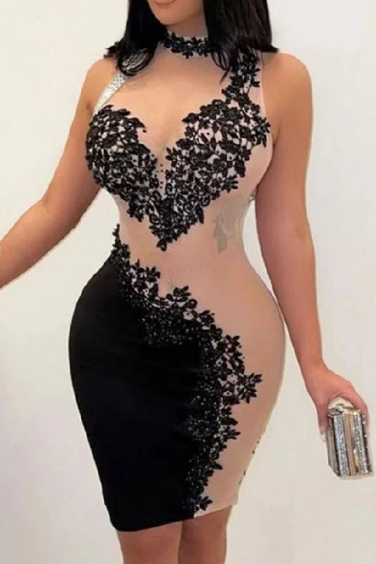 Plus Size Women Wear Lace Patchwork Flirty See-Through Mini Dress