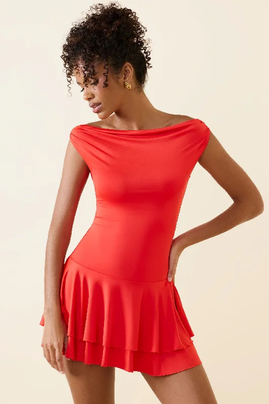 Chic & Cozy Collection Off-Shoulder Ruffled Mini Dress in Scarlet