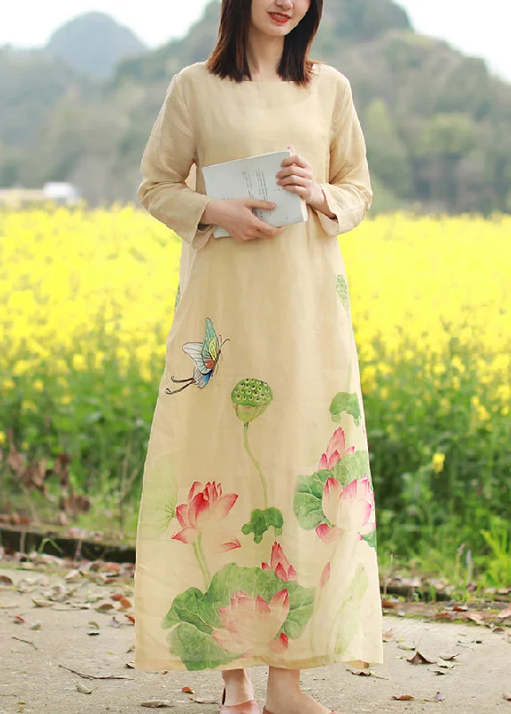 Comfortable Loungewear for Women Brief Beige O-Neck Butterfly Floral Print Linen Dresses Long Sleeve Comfortable Loungewear for Women Brief Beige O-Neck Butterfly Floral Print Linen Dresses Long Sleeve