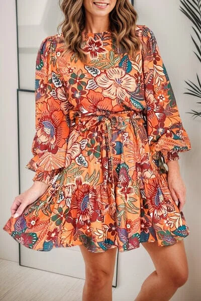 High Street Women’s Fashion for Trendy Shoppers Tropical Print Tie Waist Lantern Sleeve Mini Dress