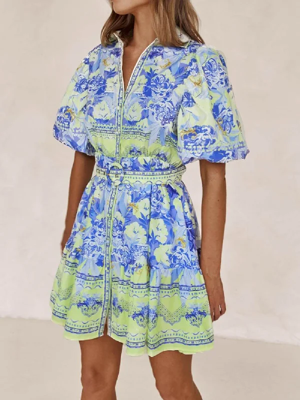 Limited Time Offer Blue And Yellow Charming Floral Print Mini Dress