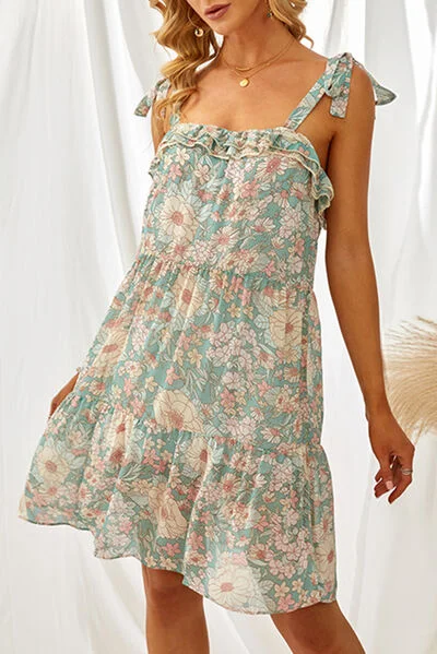New Arrival Discount Printed Ruffled Square Neck Mini Dress