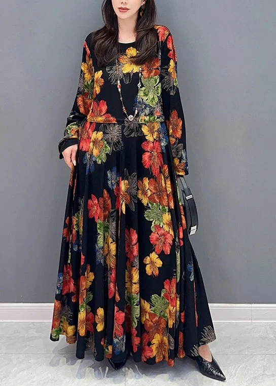 Glamorous Evening Wear Unique Floral O Neck Wrinkled Patchwork Cotton Long Dress Fall