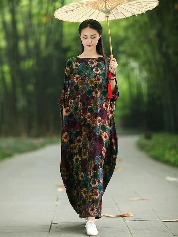 Effortless Chic for Women French floral cotton Long Shirts Slash neck Batwing Sleeve Maxi Dress Effortless Chic for Women French floral cotton Long Shirts Slash neck Batwing Sleeve Maxi Dress