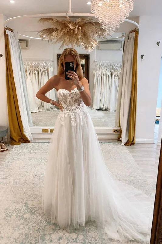 Weekend Sale Roycebridal Tulle A-line Sweetheart Neck Wedding Dresses With Lace Appliques, MW909 Weekend Sale Roycebridal Tulle A-line Sweetheart Neck Wedding Dresses With Lace Appliques, MW909