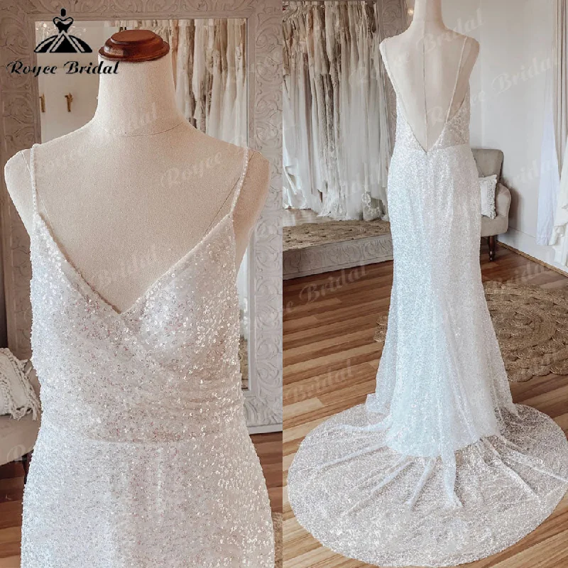 Trendy Aesthetics Vestido Novia Sparkly Sequined Boho Mermaid Wedding Dress Spaghetti Straps Bridal Reception Gown Wedding Party Dress Elegant Trendy Aesthetics Vestido Novia Sparkly Sequined Boho Mermaid Wedding Dress Spaghetti Straps Bridal Reception Gown Wedding Party Dress Elegant