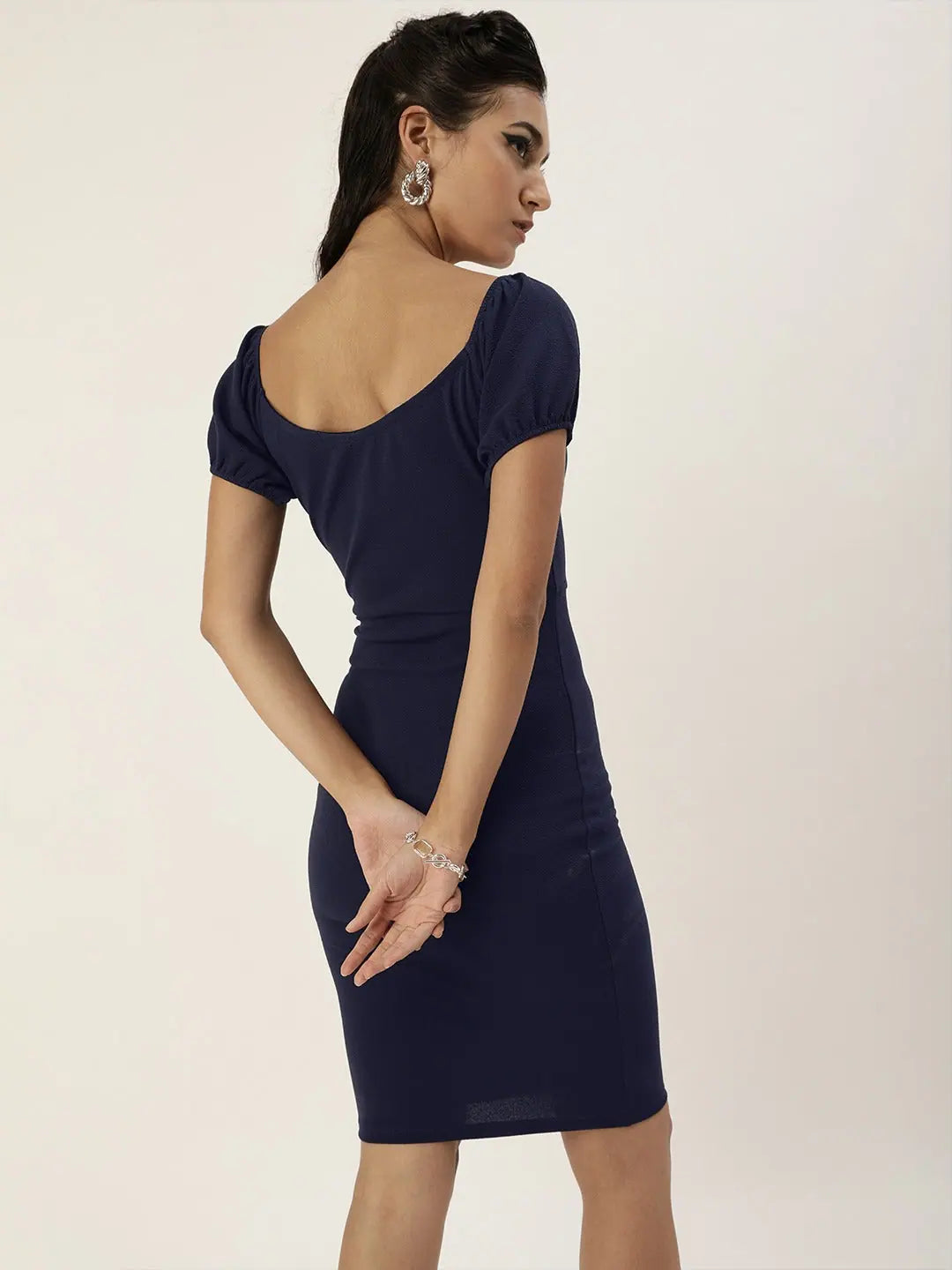 Women Wear Online Veni Vidi Vici Navy Blue Sweetheart Neck Bardot Midi Dress