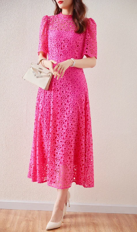 Street Style Fashion Lace Embordered Short Sleeve Hollow Out Elegant Midi Dress