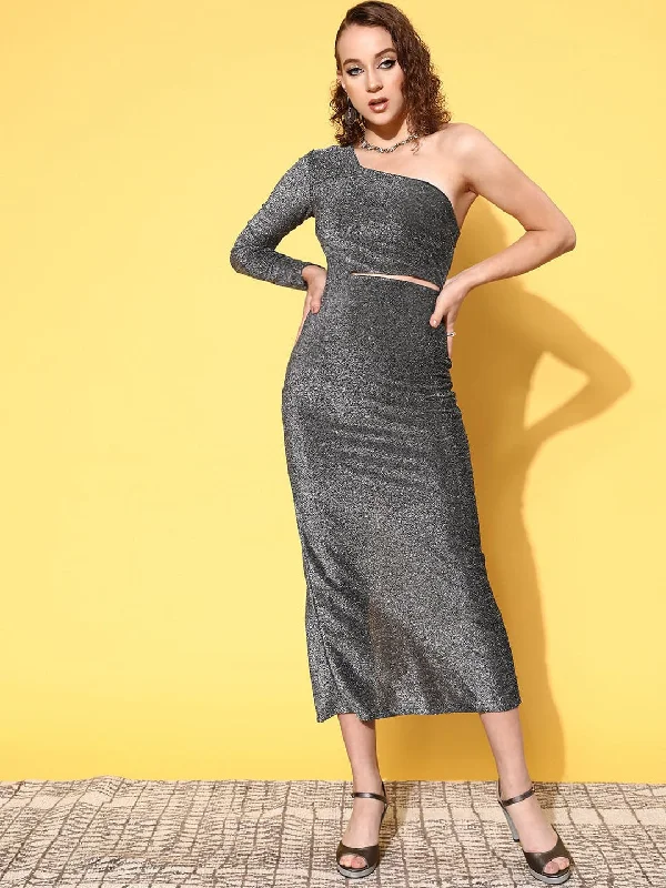 Season Transition Versatile Wear Clearance Women Silver Lurex Waist Cut-Out One Shoulder Midi Dress