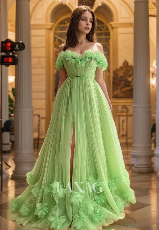 Clothing For Women Scoop-Neck Off-Shoulder Tulle A-Line Prom Dress Pleated Beaded Slit Train Party Gowns with Floral Embellished Clothing For Women Scoop-Neck Off-Shoulder Tulle A-Line Prom Dress Pleated Beaded Slit Train Party Gowns with Floral Embellished