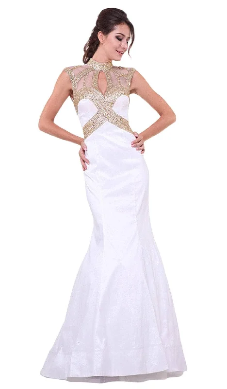 Bold Fashion Ladivine 8760 - Adorned Sheer High Neck Fitted Evening Gown