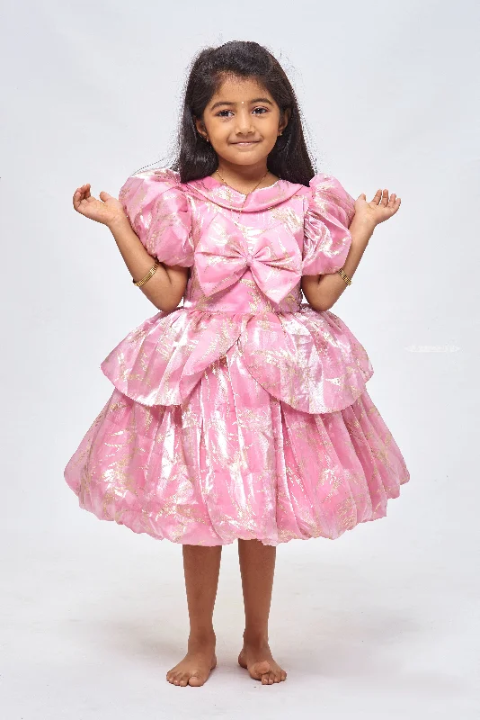 Sophisticated Style Rose Radiance: Girls Organza Party Frock with Lustrous Foil Print & Bow Detail Sophisticated Style Rose Radiance: Girls Organza Party Frock with Lustrous Foil Print & Bow Detail