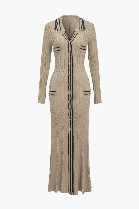 Stock Up On Your Favorites While It Lasts Color Block Print Knit Button Metallic Fake Pockets Dress