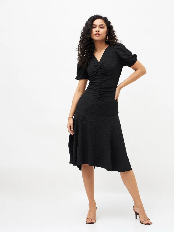 Clothes Sales Women Black Front Ruched Midi Dress