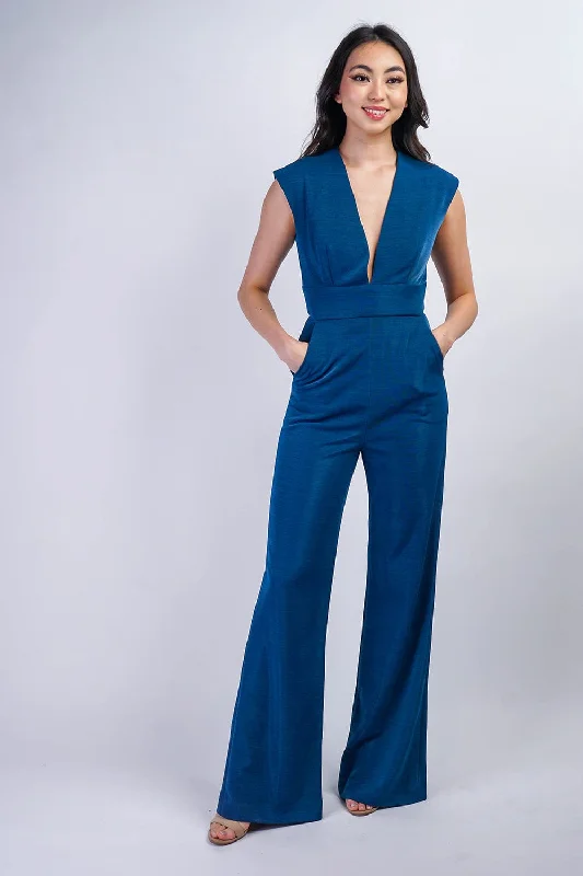 Limited Time Offers Sapphire Blue Luxe V Neck Aiden Jumpsuit