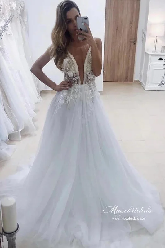 Versatile Women’s Clothing for All Occasions Roycebridal White Tulle A-line Deep V-neck Wedding Dresses With Lace Appliques, MW946 Versatile Women’s Clothing for All Occasions Roycebridal White Tulle A-line Deep V-neck Wedding Dresses With Lace Appliques, MW946