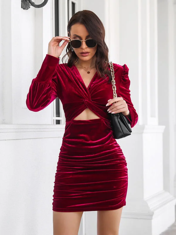 Elegant Fashion Women's Velvet Fitted Ruched Mini Dress With Front Cut Out Detail