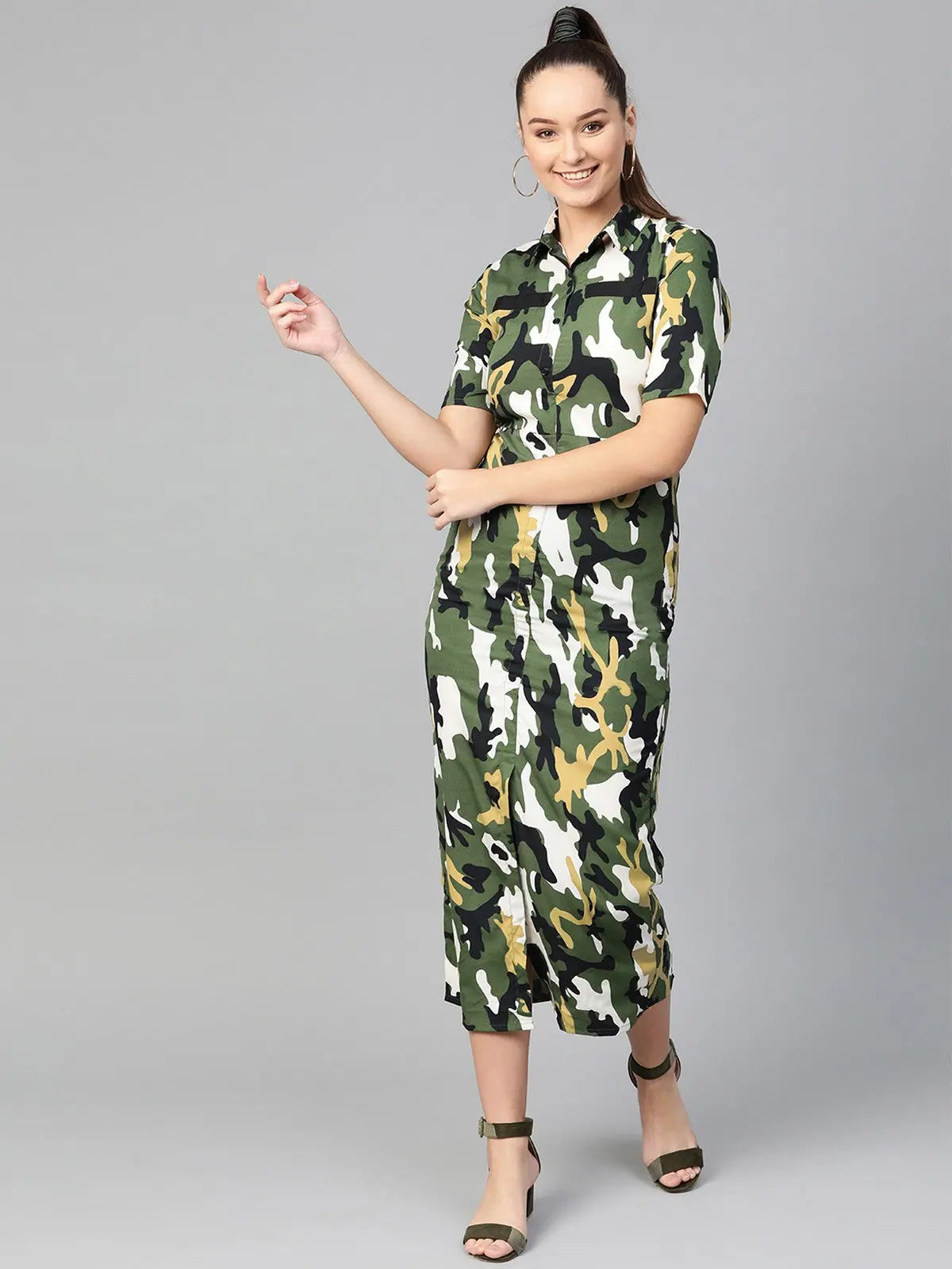 Exclusive Deals Online Military Shirt Maxi Dress-ZL9002GREEN-S